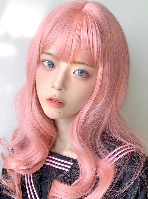 Sweet Pink Natural Long Curly Hair Air Bangs Cute Sweet Lolita Wig