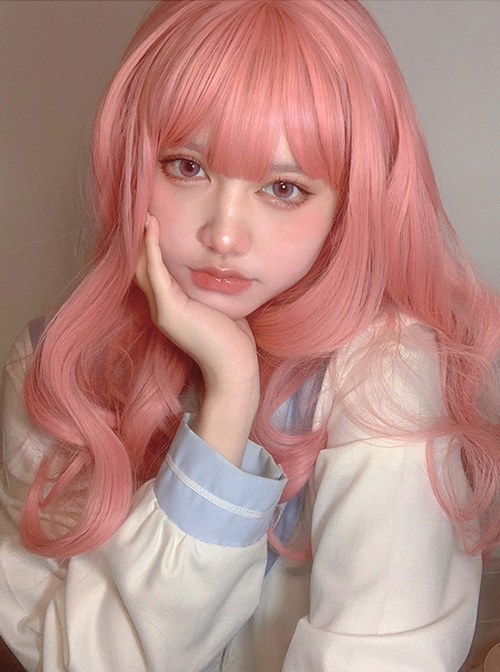 Sweet Pink Natural Long Curly Hair Air Bangs Cute Sweet Lolita Wig