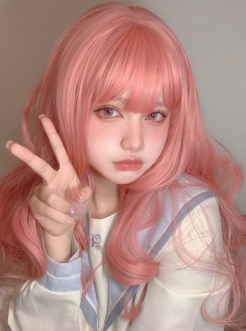 Sweet Pink Natural Long Curly Hair Air Bangs Cute Sweet Lolita Wig