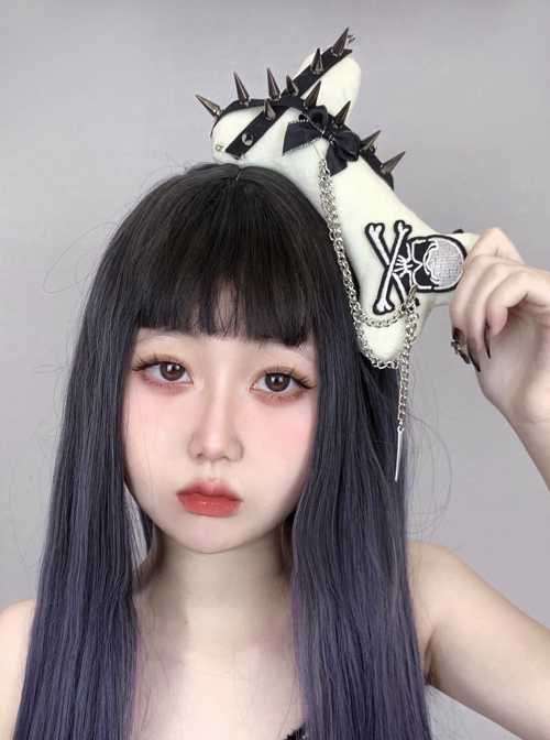 Punk Style Bone Skull Embroidery Rivets Decorative Metal Chain Punk Lolita Hair Clip