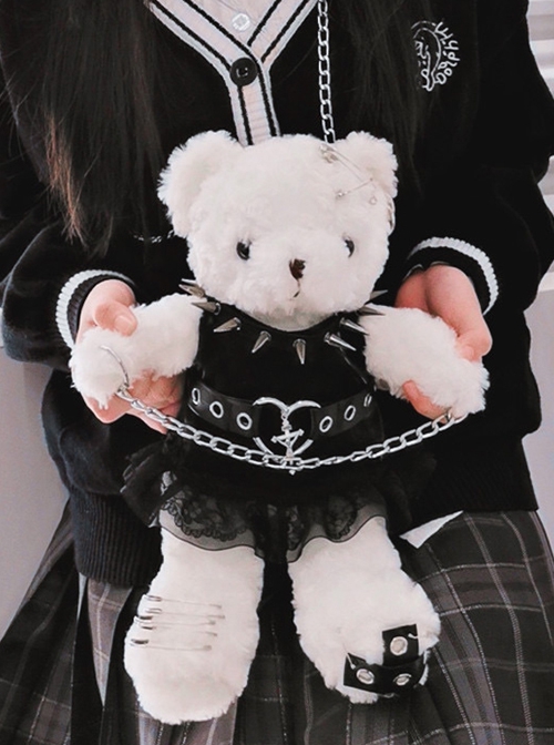 Punk Rivet Chain Cute White Little Bear Doll Bag Punk Lolita Messenger Bag