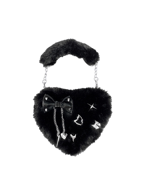 Punk Rivet Bowknot Metal Chain Decoration Black Plush Love Punk Lolita Portable Shoulder Bag