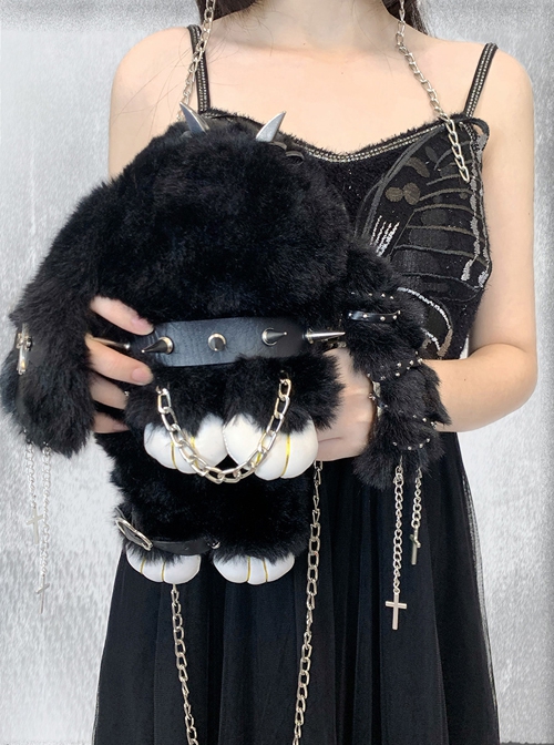 Black Plush Lop Eared Rabbit Personality Cross Metal Chain Rivet Cool Girl Punk Lolita Shoulder Messenger Bag