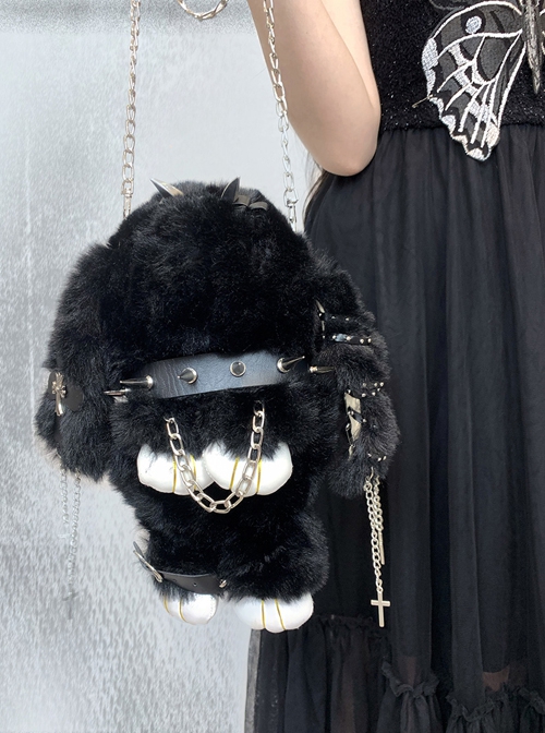 Black Plush Lop Eared Rabbit Personality Cross Metal Chain Rivet Cool Girl Punk Lolita Shoulder Messenger Bag