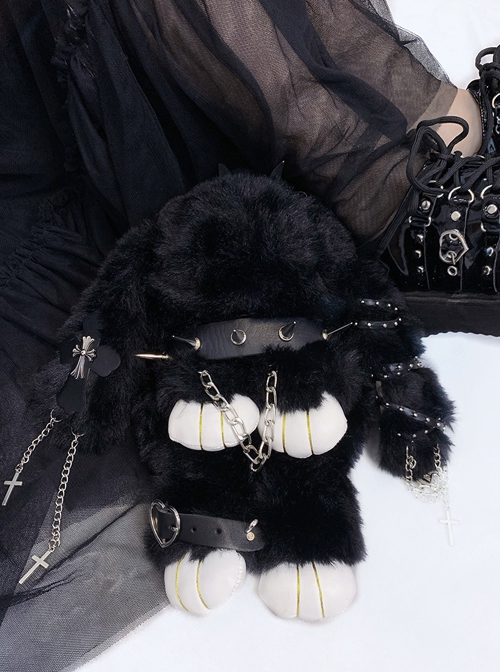 Black Plush Lop Eared Rabbit Personality Cross Metal Chain Rivet Cool Girl Punk Lolita Shoulder Messenger Bag