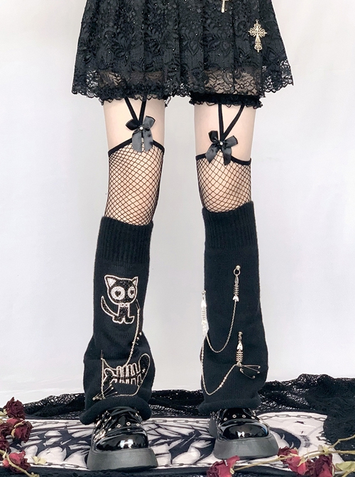 Kitten Fishbone Metal Chain Decoration Black Woven Autumn Winter Punk Lolita Leg Covers