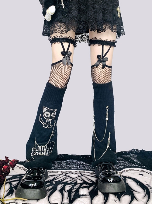 Kitten Fishbone Metal Chain Decoration Black Woven Autumn Winter Punk Lolita Leg Covers