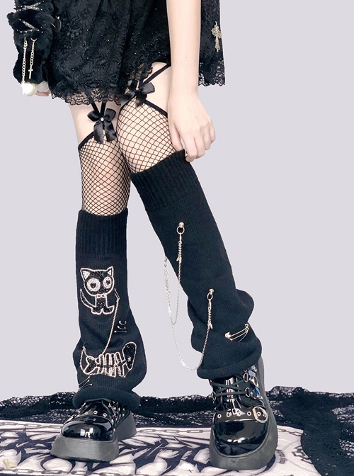 Kitten Fishbone Metal Chain Decoration Black Woven Autumn Winter Punk Lolita Leg Covers