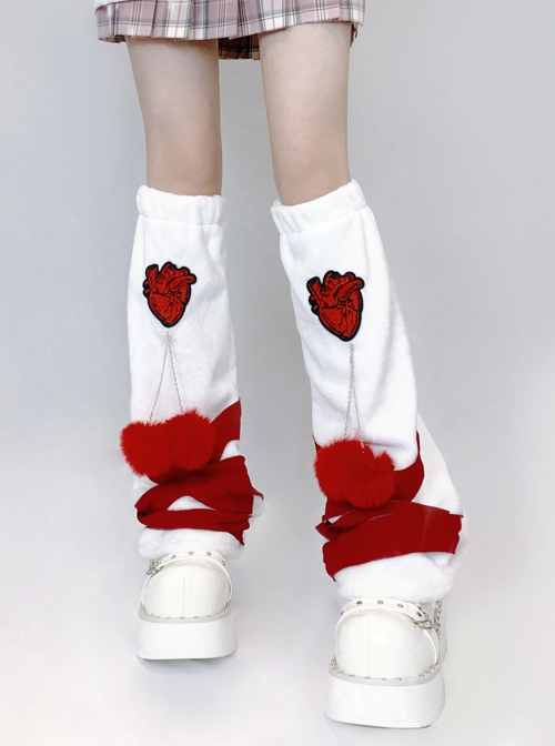 Heart Decoration White Plush Christmas Red Fur Ball Personality Punk Lolita Leg Covers