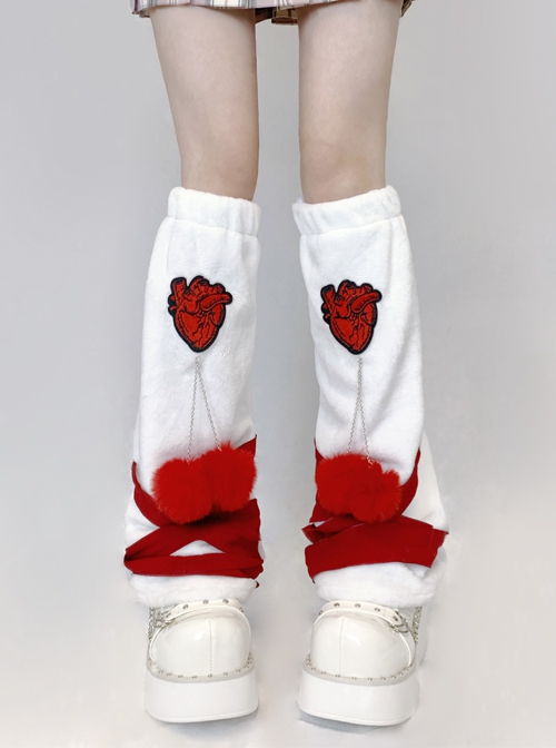 Heart Decoration White Plush Christmas Red Fur Ball Personality Punk Lolita Leg Covers