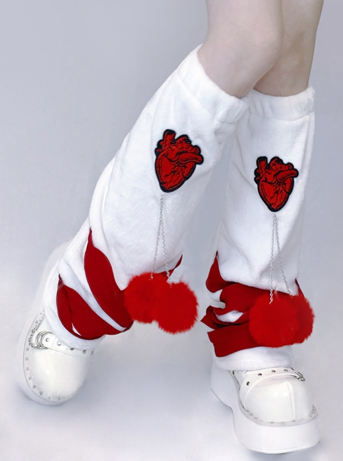 Heart Decoration White Plush Christmas Red Fur Ball Personality Punk Lolita Leg Covers