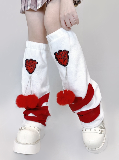 Heart Decoration White Plush Christmas Red Fur Ball Personality Punk Lolita Leg Covers