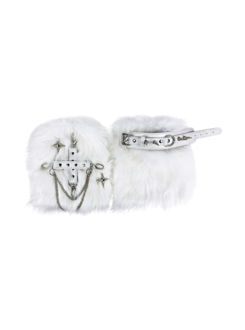 Autumn Winter White Plush Punk Elements Leather Rivets Metal Chain Punk Lolita Leg Covers