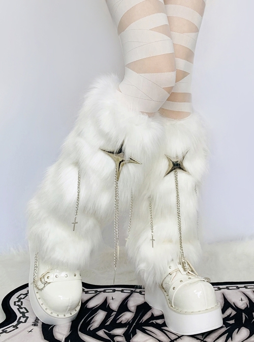 White Plush Thickened Medium Tube Star Metal Chain Tassel Punk Lolita Leg Covers