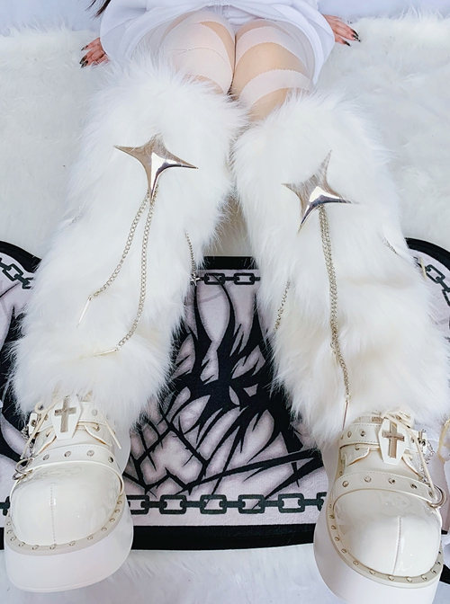 White Plush Thickened Medium Tube Star Metal Chain Tassel Punk Lolita Leg Covers