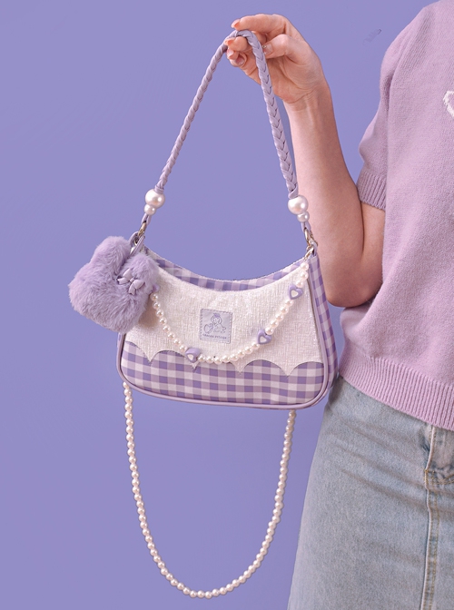 Cute Purple Plush Bunny Pearl Chain Heart Accessory Detachable Shoulder Strap Purple Plaid Sweet Lolita Shoulder Messenger Bag