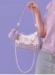 Cute Purple Plush Bunny Pearl Chain Heart Accessory Detachable Shoulder Strap Purple Plaid Sweet Lolita Shoulder Messenger Bag