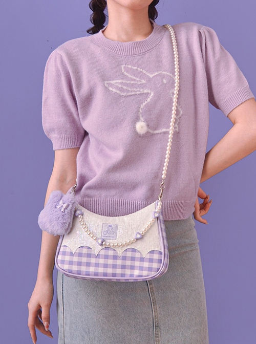 Cute Purple Plush Bunny Pearl Chain Heart Accessory Detachable Shoulder Strap Purple Plaid Sweet Lolita Shoulder Messenger Bag