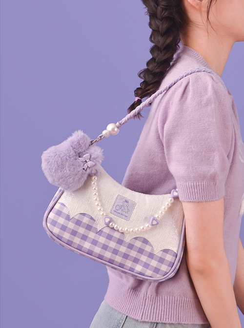 Cute Purple Plush Bunny Pearl Chain Heart Accessory Detachable Shoulder Strap Purple Plaid Sweet Lolita Shoulder Messenger Bag