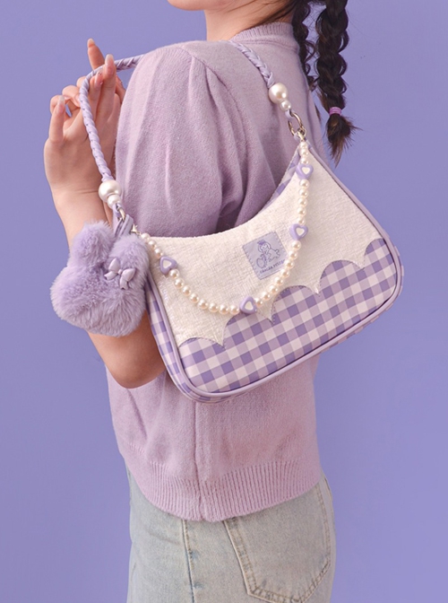 Cute Purple Plush Bunny Pearl Chain Heart Accessory Detachable Shoulder Strap Purple Plaid Sweet Lolita Shoulder Messenger Bag