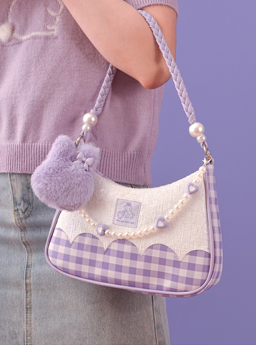 Cute Purple Plush Bunny Pearl Chain Heart Accessory Detachable Shoulder Strap Purple Plaid Sweet Lolita Shoulder Messenger Bag