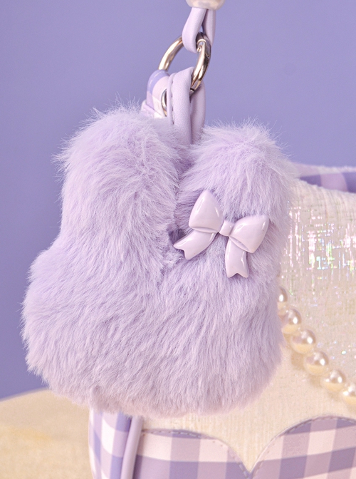 Cute Purple Plush Bunny Pearl Chain Heart Accessory Detachable Shoulder Strap Purple Plaid Sweet Lolita Shoulder Messenger Bag