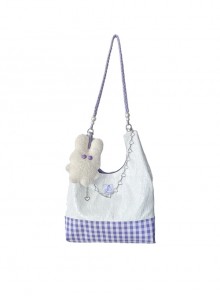 Purple Plaid Contrasting Color Vest Style Large-Capacity Messenger Bag Sweet Lolita Detachable Cute Rabbit Metal Chain Decoration