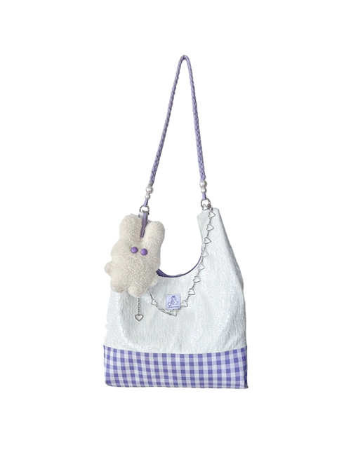 Purple Plaid Contrasting Color Vest Style Large-Capacity Messenger Bag Sweet Lolita Detachable Cute Rabbit Metal Chain Decoration