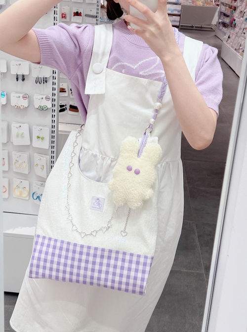 Purple Plaid Contrasting Color Vest Style Large-Capacity Messenger Bag Sweet Lolita Detachable Cute Rabbit Metal Chain Decoration