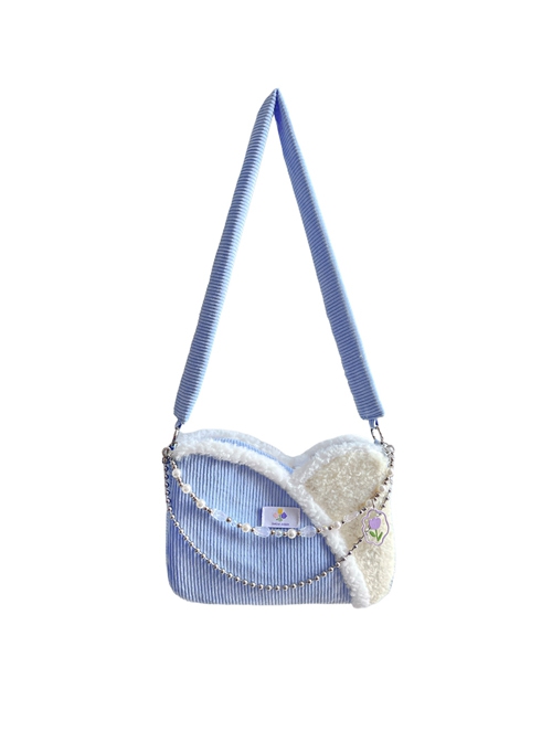 Autumn Winter Light Blue Corduroy Bead Chain Accessories Tulip Stitching Design Sweet Lolita Shoulder Bag