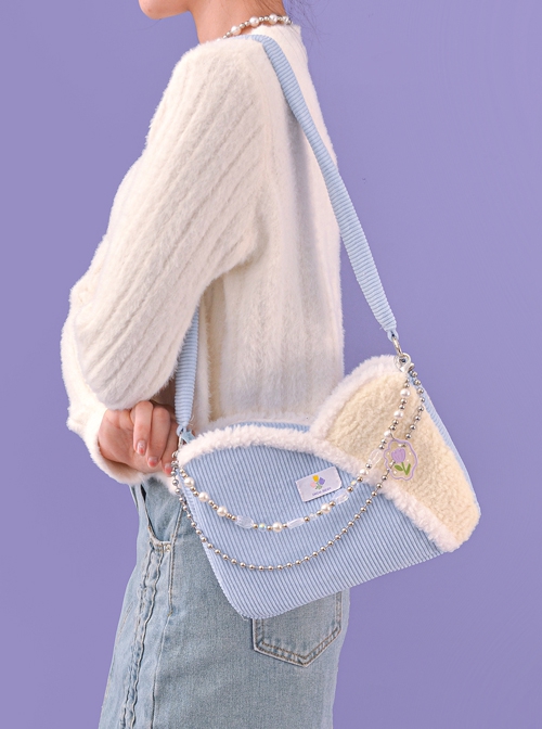 Autumn Winter Light Blue Corduroy Bead Chain Accessories Tulip Stitching Design Sweet Lolita Shoulder Bag