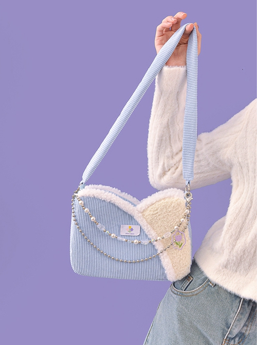 Autumn Winter Light Blue Corduroy Bead Chain Accessories Tulip Stitching Design Sweet Lolita Shoulder Bag