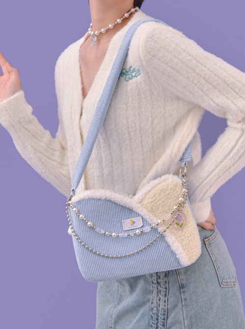 Autumn Winter Light Blue Corduroy Bead Chain Accessories Tulip Stitching Design Sweet Lolita Shoulder Bag