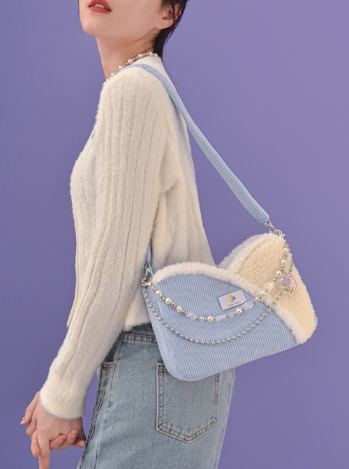 Autumn Winter Light Blue Corduroy Bead Chain Accessories Tulip Stitching Design Sweet Lolita Shoulder Bag