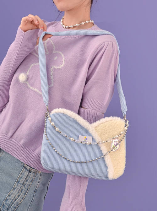 Autumn Winter Light Blue Corduroy Bead Chain Accessories Tulip Stitching Design Sweet Lolita Shoulder Bag