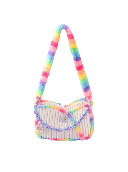 Plush Rainbow Stitching White Corduroy Blue-Purple Chain Decorate Sweet Lolita Shoulder Bag