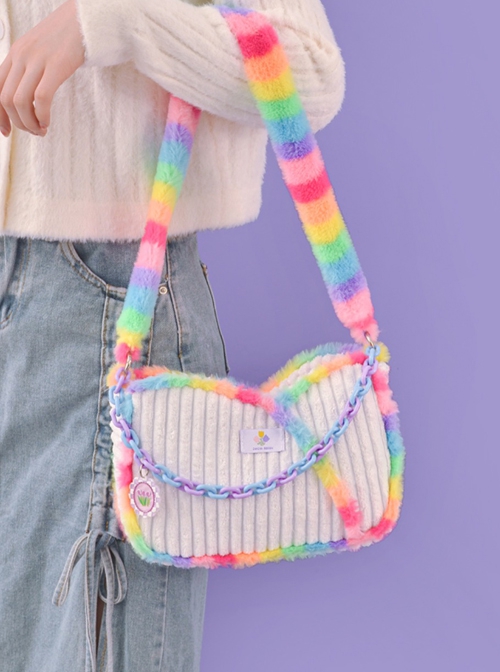 Plush Rainbow Stitching White Corduroy Blue-Purple Chain Decorate Sweet Lolita Shoulder Bag