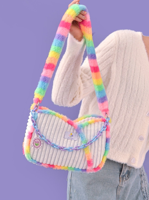 Plush Rainbow Stitching White Corduroy Blue-Purple Chain Decorate Sweet Lolita Shoulder Bag