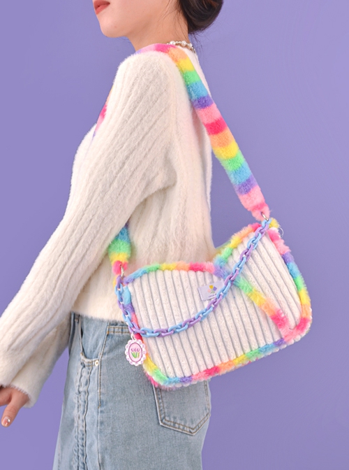 Plush Rainbow Stitching White Corduroy Blue-Purple Chain Decorate Sweet Lolita Shoulder Bag