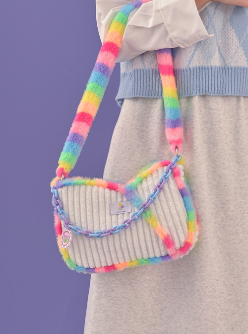 Plush Rainbow Stitching White Corduroy Blue-Purple Chain Decorate Sweet Lolita Shoulder Bag
