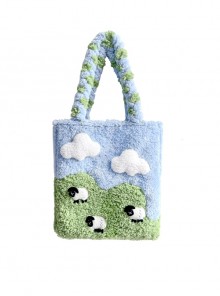 Blue Green Color Contrast Blue Sky White Clouds Splicing Grass Cartoon Lamb Large-Capacity Woven Shoulder Strap Sweet Lolita Shoulder Bag