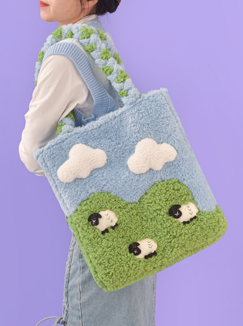 Blue Green Color Contrast Blue Sky White Clouds Splicing Grass Cartoon Lamb Large-Capacity Woven Shoulder Strap Sweet Lolita Shoulder Bag