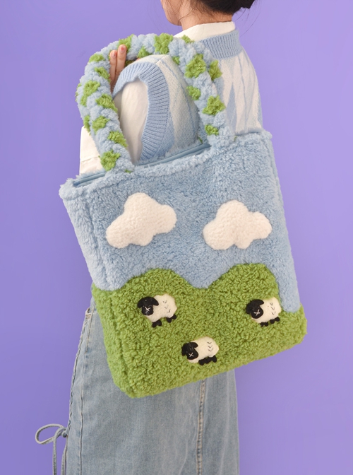 Blue Green Color Contrast Blue Sky White Clouds Splicing Grass Cartoon Lamb Large-Capacity Woven Shoulder Strap Sweet Lolita Shoulder Bag