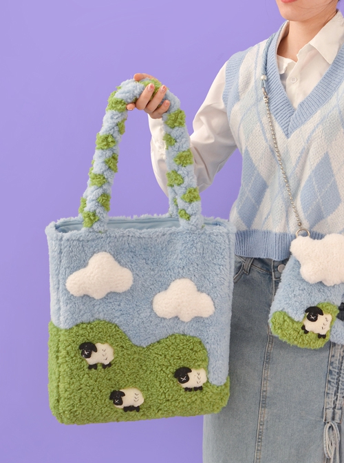 Blue Green Color Contrast Blue Sky White Clouds Splicing Grass Cartoon Lamb Large-Capacity Woven Shoulder Strap Sweet Lolita Shoulder Bag