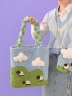 Blue Green Color Contrast Blue Sky White Clouds Splicing Grass Cartoon Lamb Large-Capacity Woven Shoulder Strap Sweet Lolita Shoulder Bag