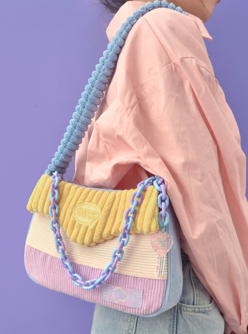 Autumn Winter Corduroy Girl Hit Color Stitching Design Daily Sweet Lolita Shoulder Bag