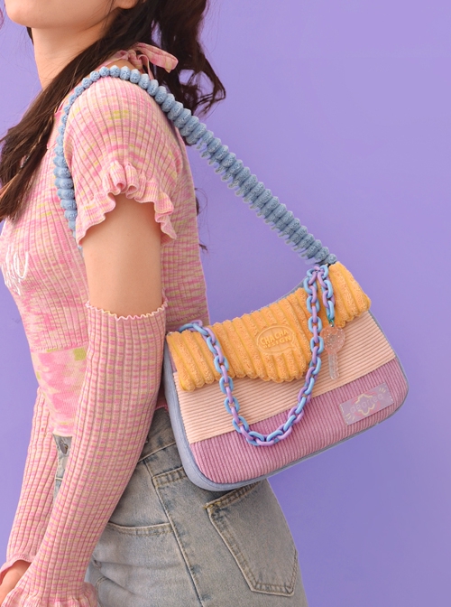 Autumn Winter Corduroy Girl Hit Color Stitching Design Daily Sweet Lolita Shoulder Bag