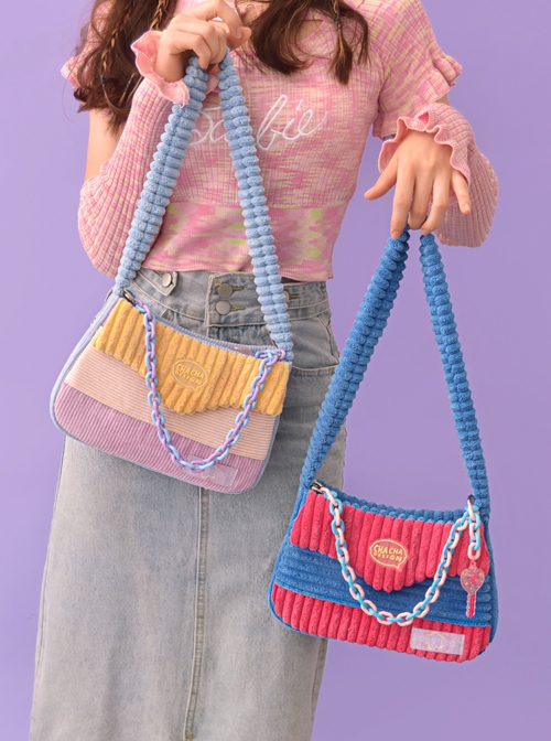 Autumn Winter Corduroy Girl Hit Color Stitching Design Daily Sweet Lolita Shoulder Bag