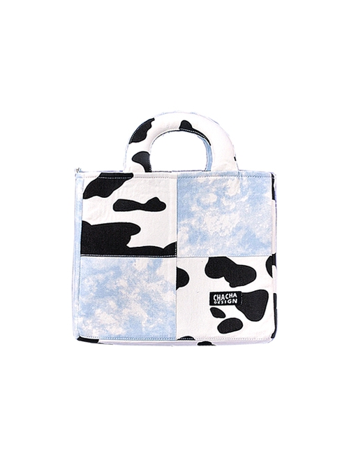 Milk Cow Pattern Blue Sky Plaid Stitching Summer Large-Capacity Sweet Lolita Handheld Shoulder Bag