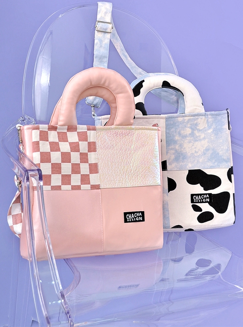 Milk Cow Pattern Blue Sky Plaid Stitching Summer Large-Capacity Sweet Lolita Handheld Shoulder Bag